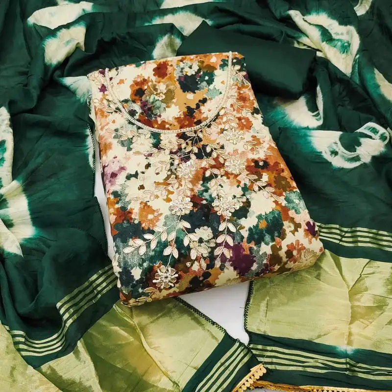 Women's multi unstitched print & heavy handwork jam cotton dress material