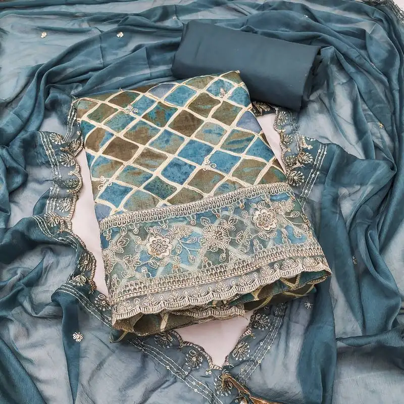 Women's multi unstitched print thread sequence embroidery jam cotton dress material