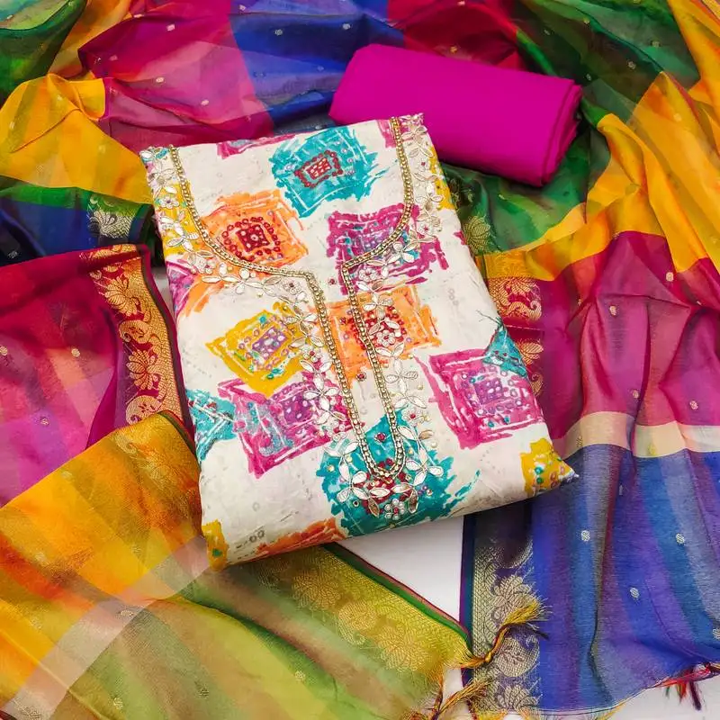 Women's multi unstitched print & handwork modal cotton dress material