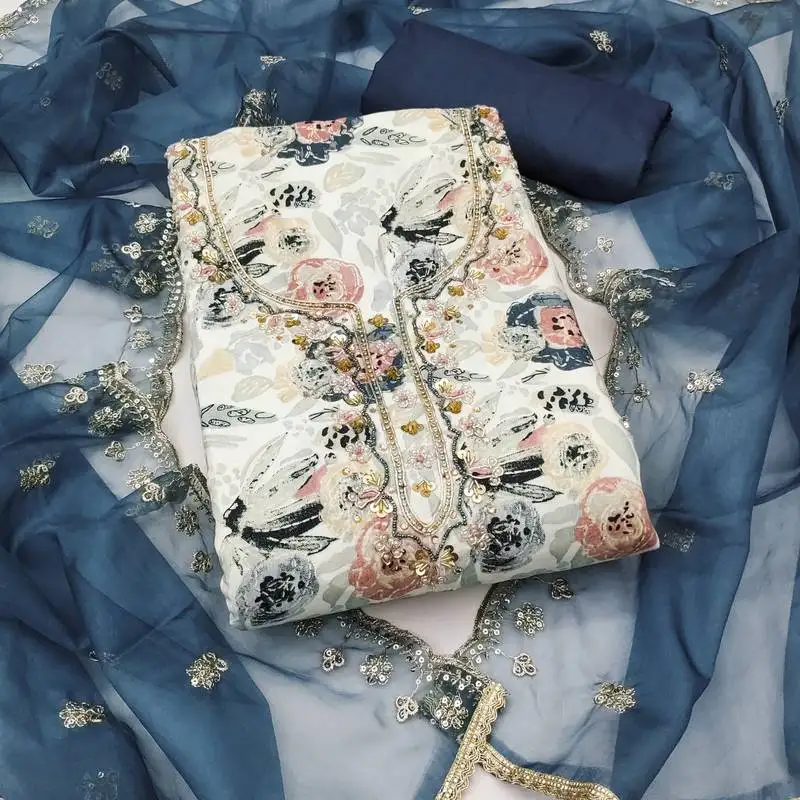 Women's multi unstitched print & handwork jam cotton dress material