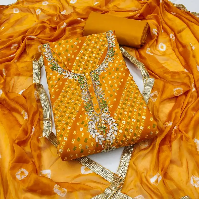 Women's yellow unstitched bandhani print handwork jam cotton dress material