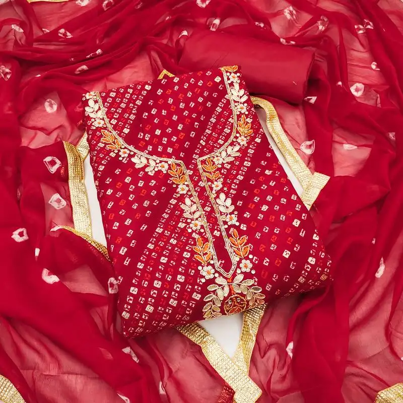 Women's red unstitched bandhani print handwork jam cotton dress material