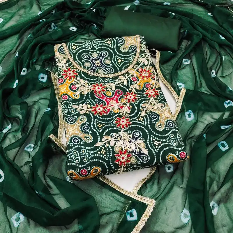 Women's green unstitched bandhani print handwork jam cotton dress material