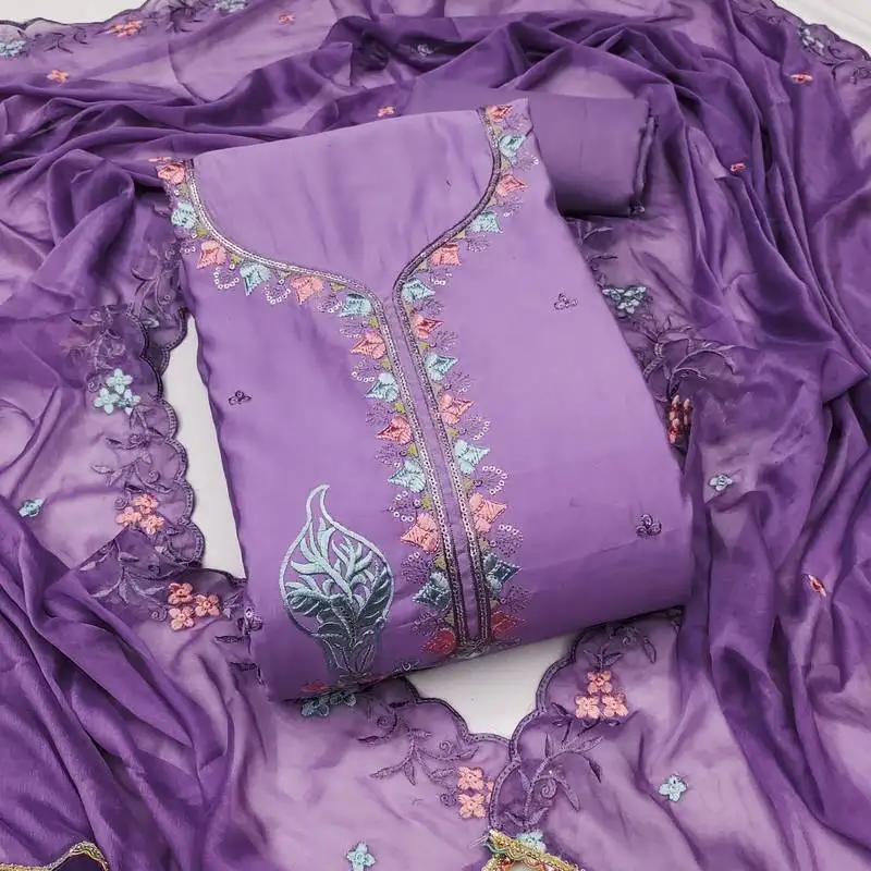 Women's levender unstitched thread sequence embroidery pure cotton silk dress material