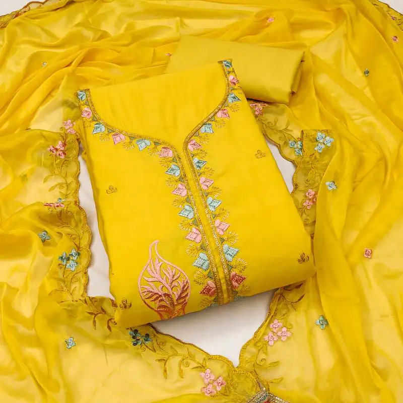 Women's yellow unstitched thread sequence embroidery pure cotton silk dress material