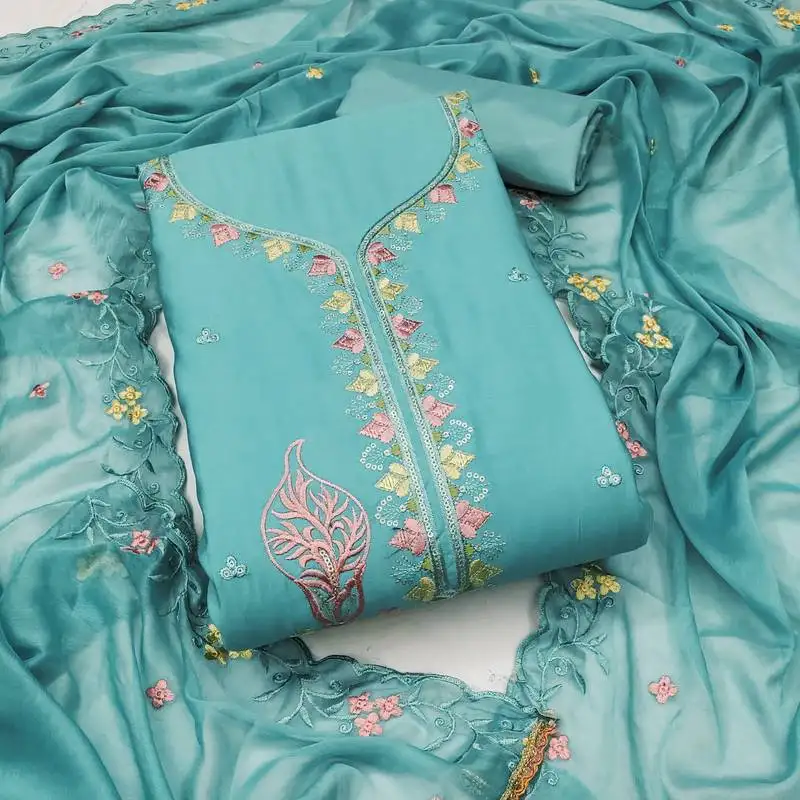 Women's sea green unstitched thread sequence embroidery pure cotton silk dress material