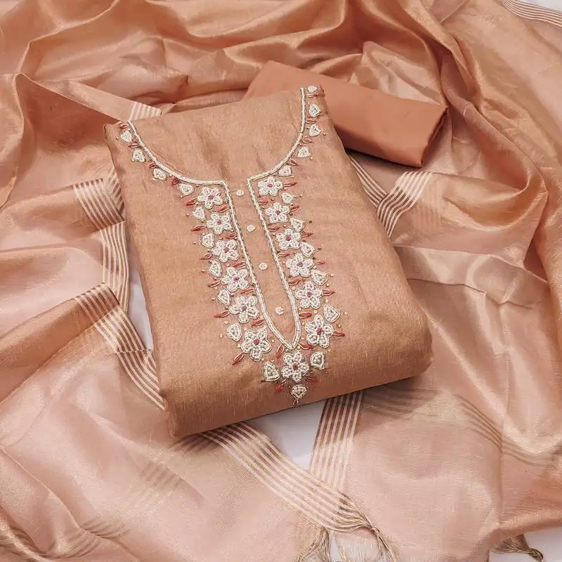 Women's peach unstitched heavy handwork simmer cotton dress material