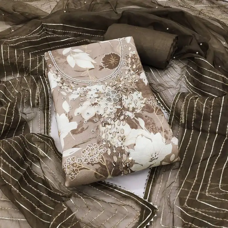 Women's multi unstitched print handwork embroidery pure cotton silk dress material