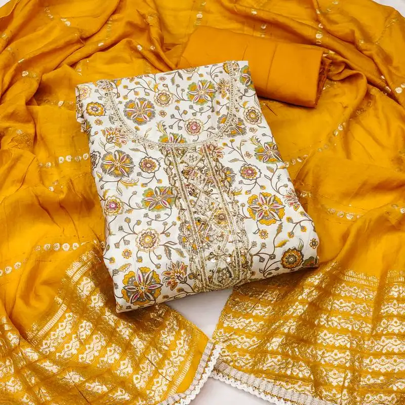 Women's multi unstitched print handwork embroidery roman cotton silk dress material