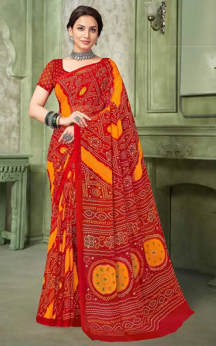 Red yellow chiffon bandhani double shaded printed saree with blouse