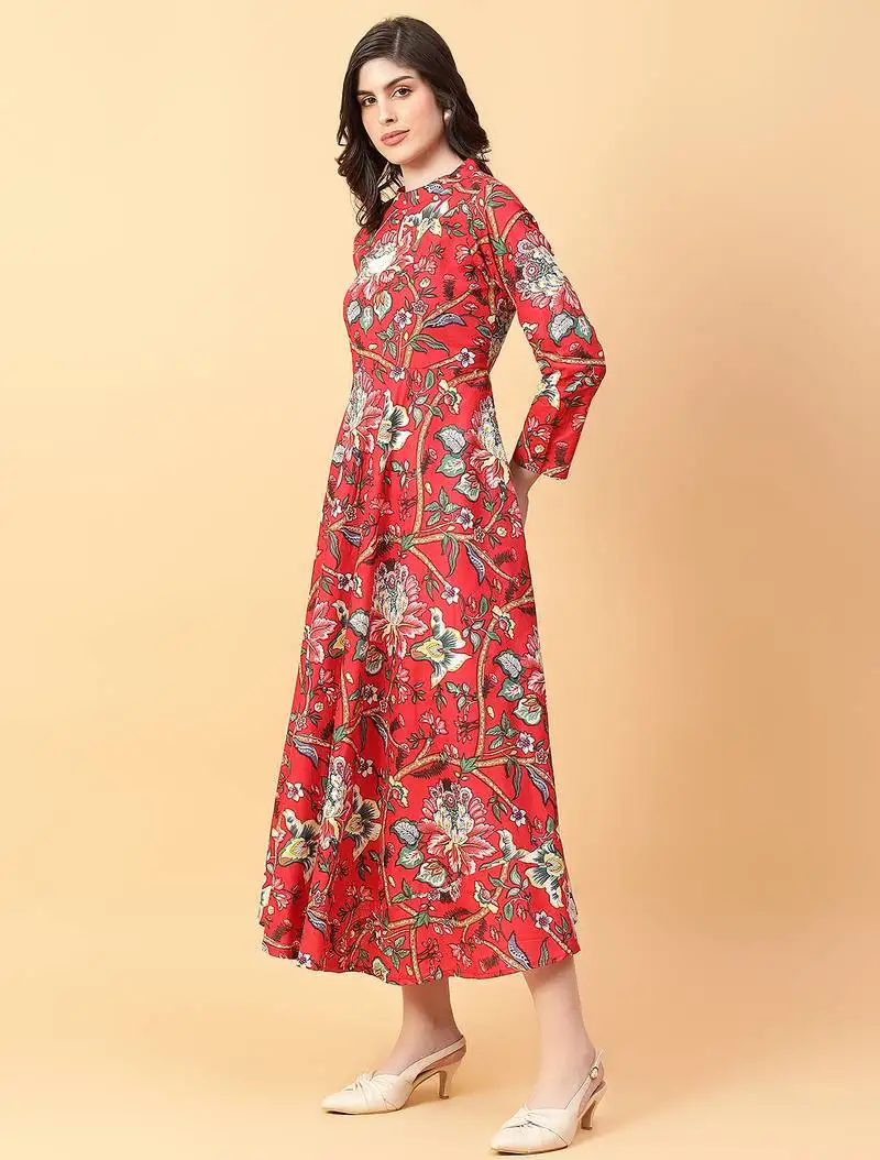Red printed cotton long-kurtis