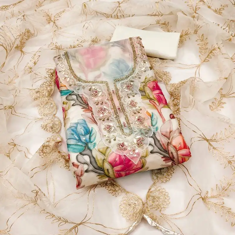 Women's multi unstitched position print handwork embroidery organja dress material