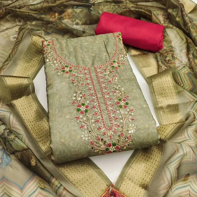 Women's olive green unstitched weaving & handwork banarasi cotton dress material