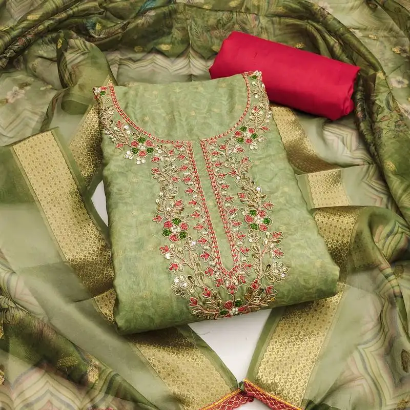 Women's light green unstitched weaving & handwork banarasi cotton dress material