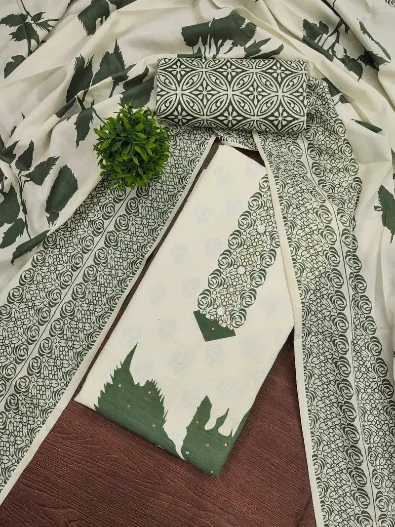 Women's multi unstitched print and daimond work cotton dress material