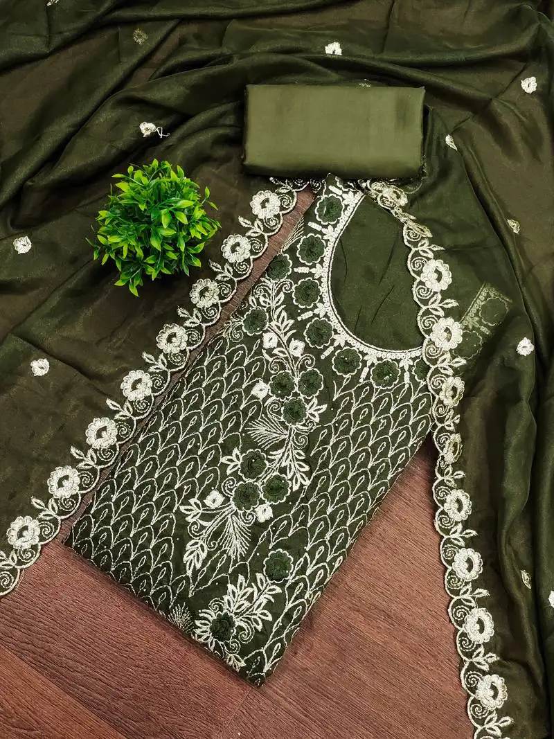 Women's mehandi unstitched heavy thread embroidery & daimond work georgette dress material