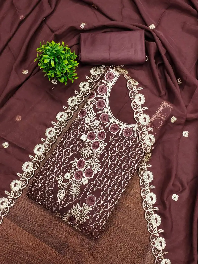 Women's purple unstitched heavy thread embroidery & daimond work georgette dress material