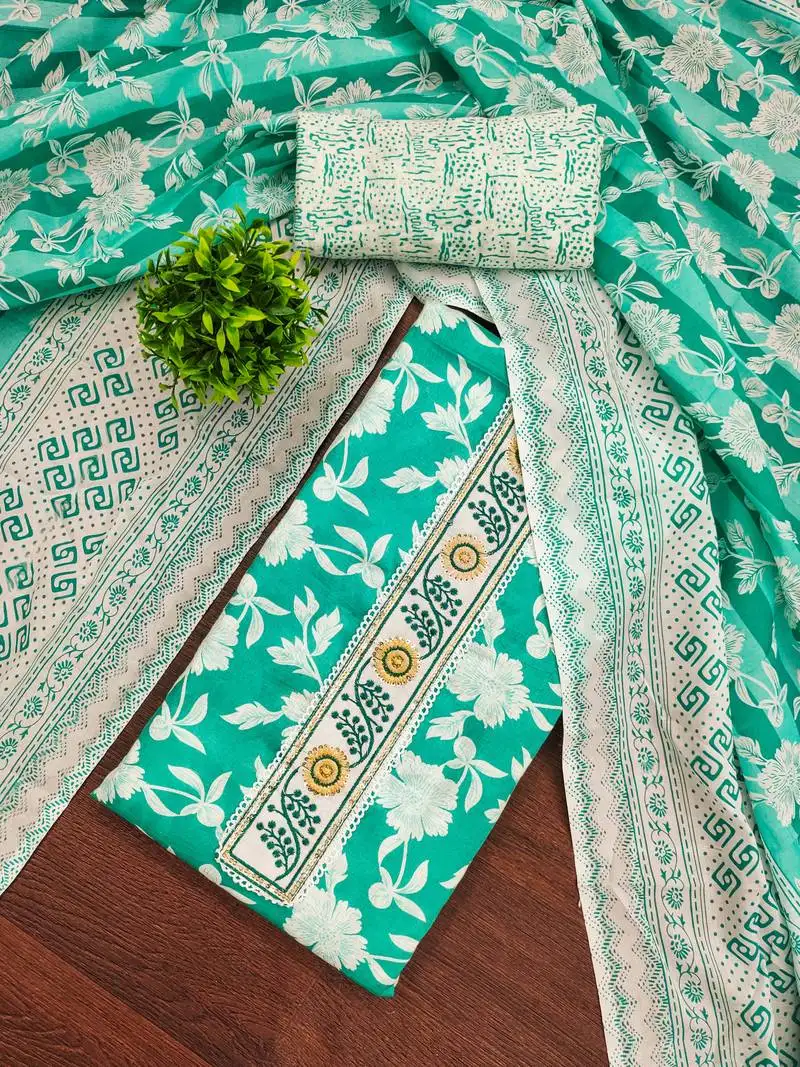 Women's multi unstitched print & handwork cotton dress material