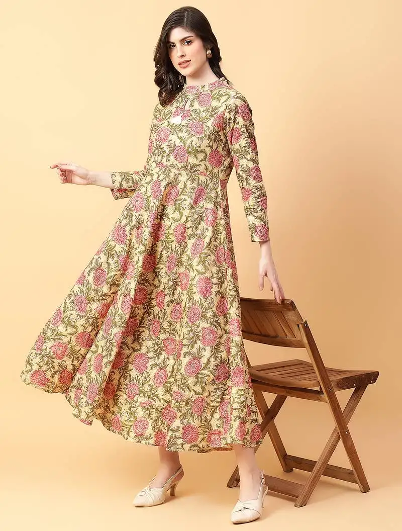 Beige printed cotton long-kurtis