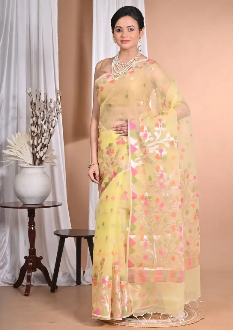 Yellow jamdani organza saree with blouse piece