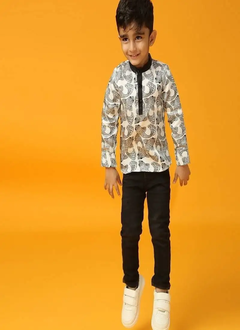 Black printed satin kurta