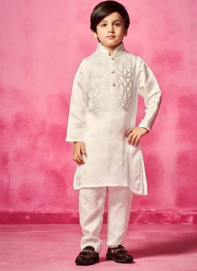 White embroidered satin kurta pyjama