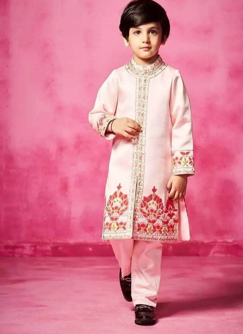 Pink embroidered satin sherwani