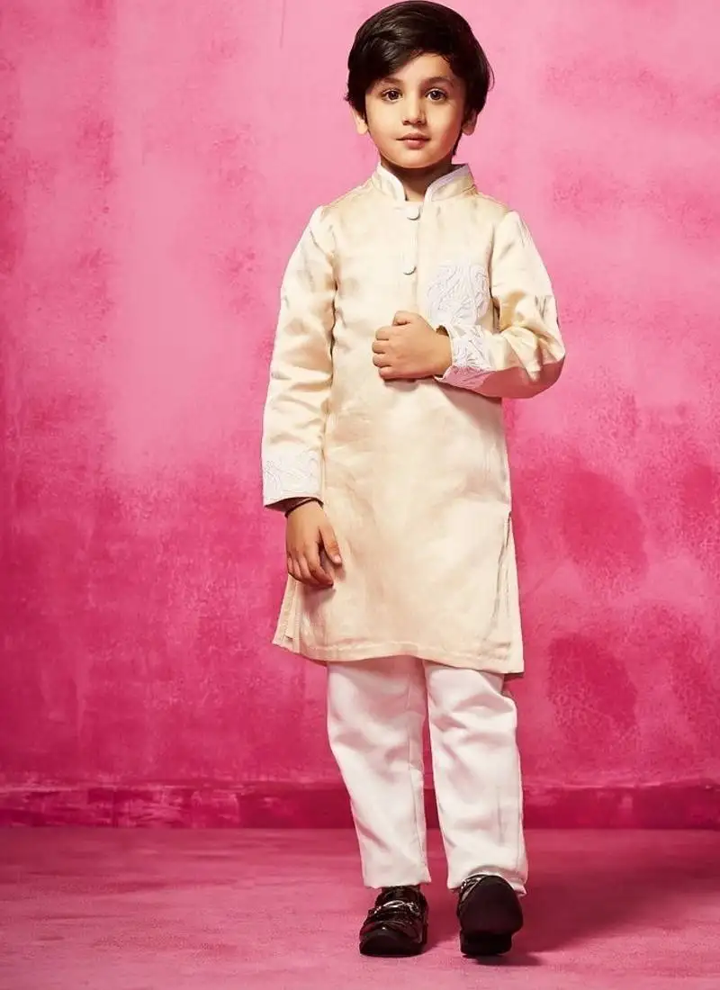 Beige plain satin kurta pyjama