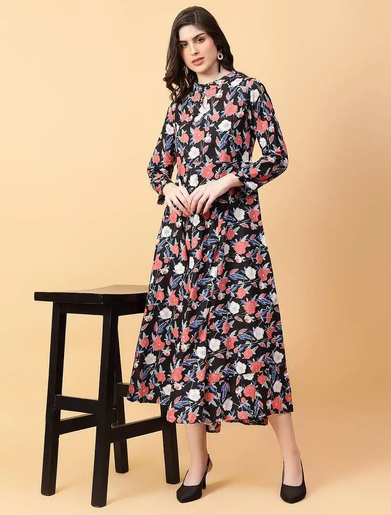 Black printed cotton long-kurtis