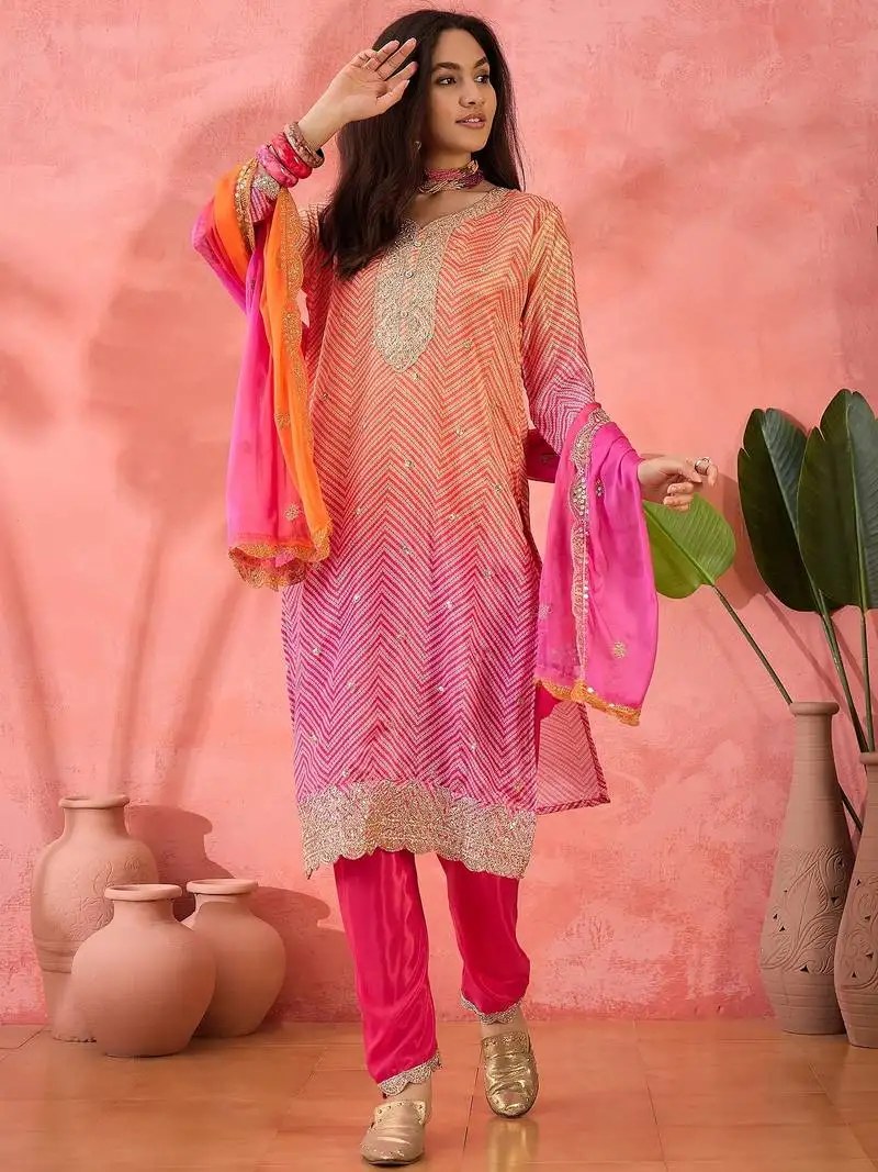 Women's pink colour kurta set traditional stitched top bottom & dupatta