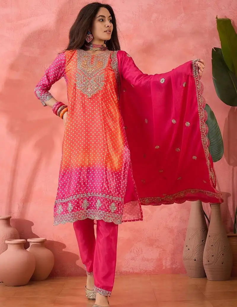 Women's pink colour kurta set pants stitched & dupatta set