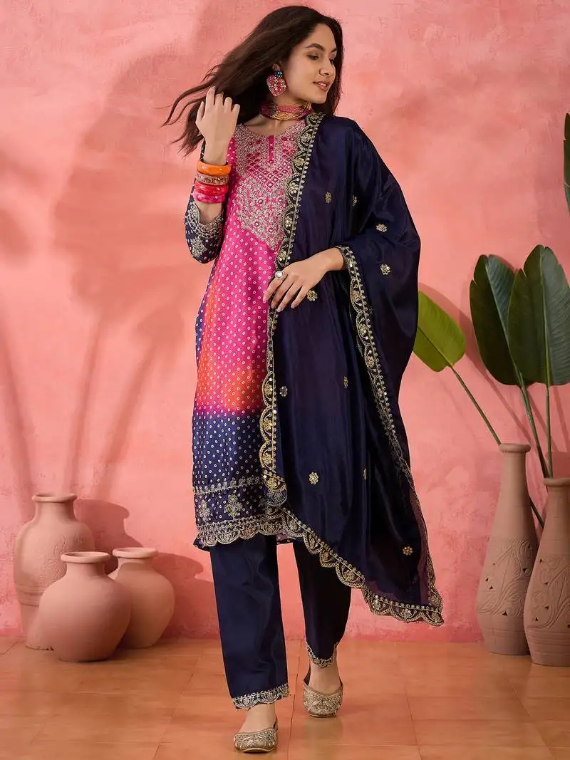 Women's purple colour kurta set pants stitched & dupatta set