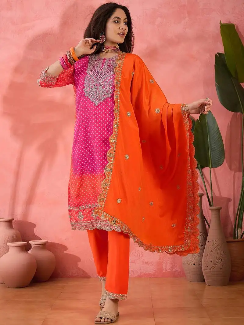 Women's orange colour kurta set pants stitched & dupatta set