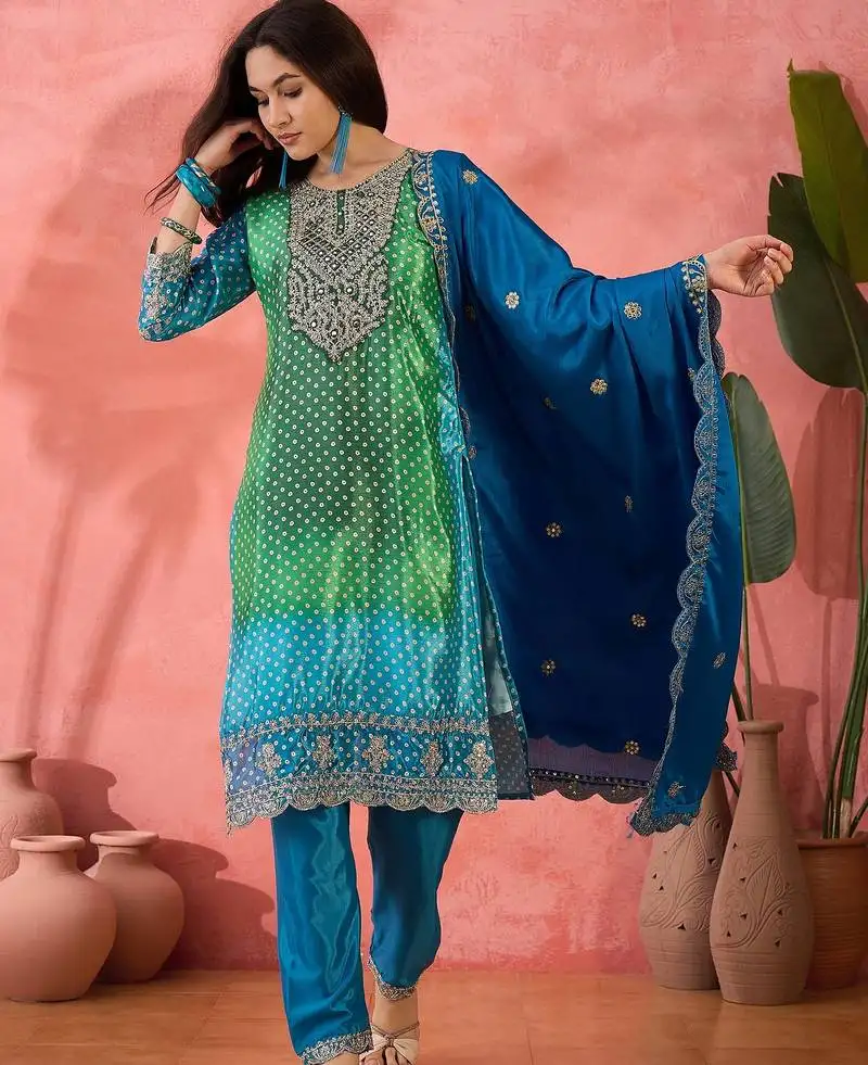 Women's green colour kurta set pants stitched & dupatta set