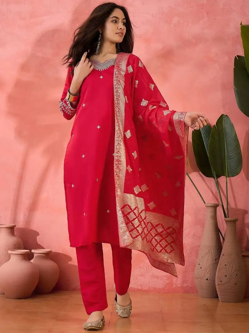 Women's pink colour kurta set pants stitched and woven dupatta set