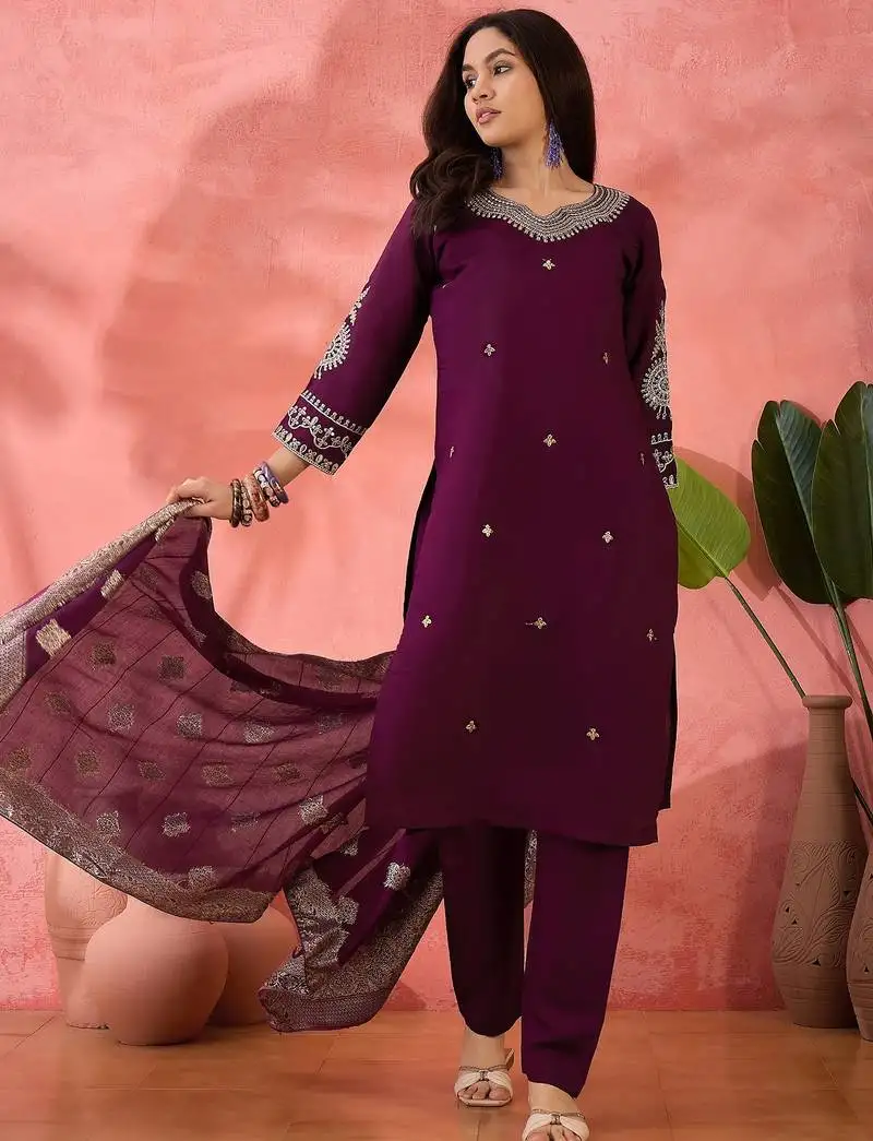 Women's purple colour kurta set pants stitched and woven dupatta set