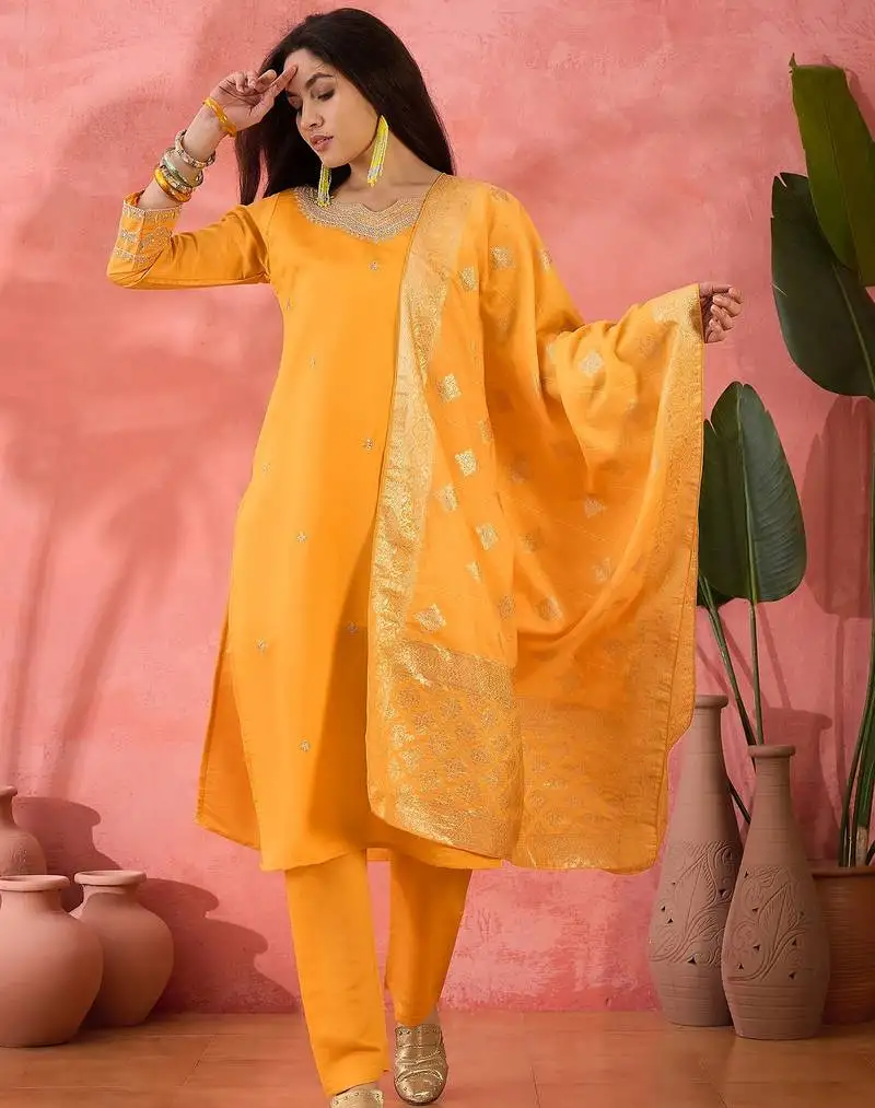 Women's yellow colour kurta set pants stitched and woven dupatta set