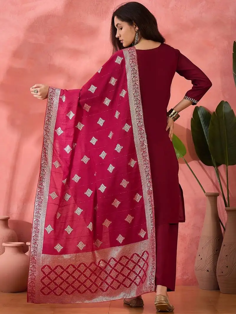 Women's magenta colour kurta set pants stitched and woven dupatta set