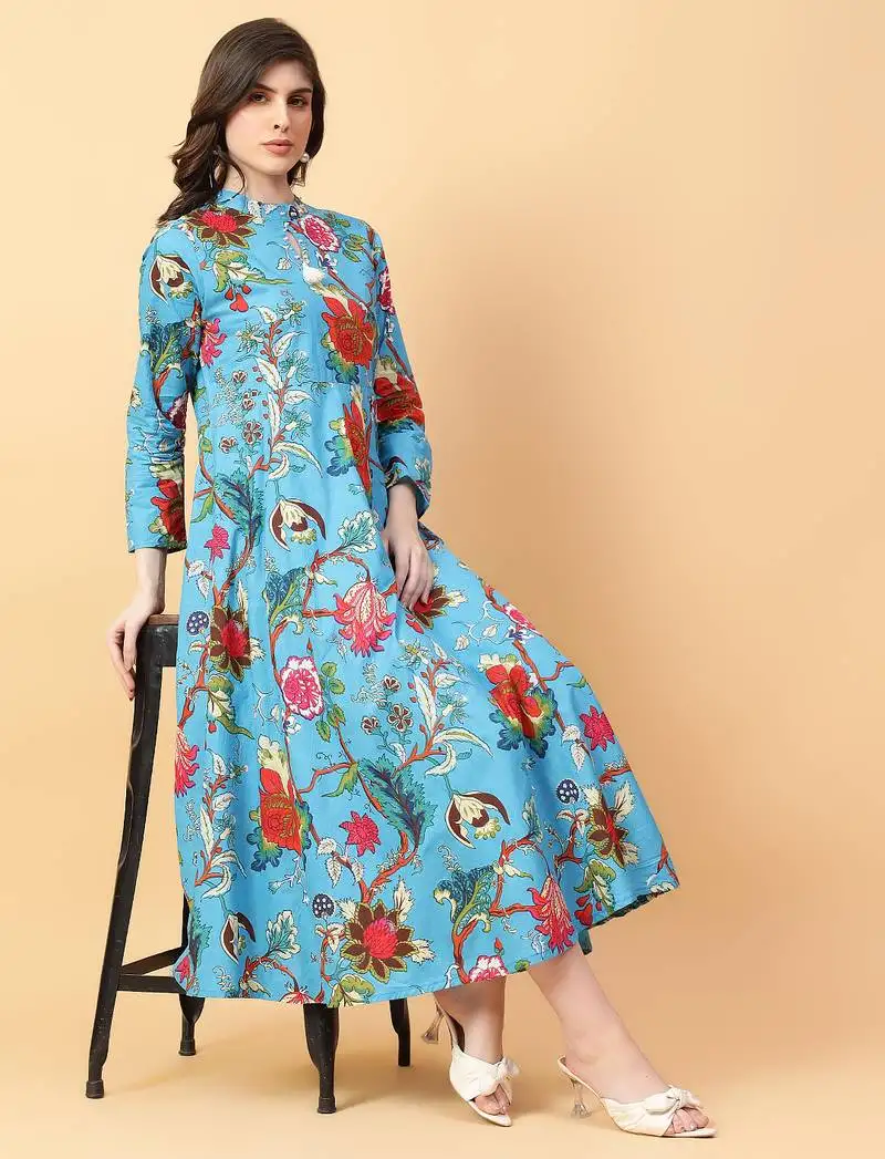 Turquise blue printed cotton long-kurtis