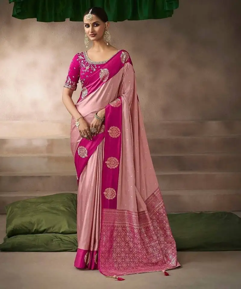 Light pink satin silk blend saree with heavy embroidered silk blend blouse elegant party wear saree