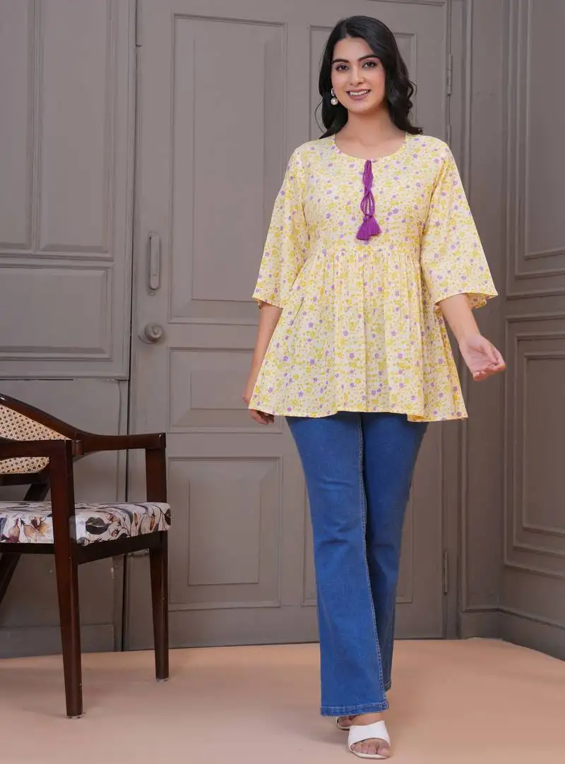 Yellow floral printed flared pamplum top