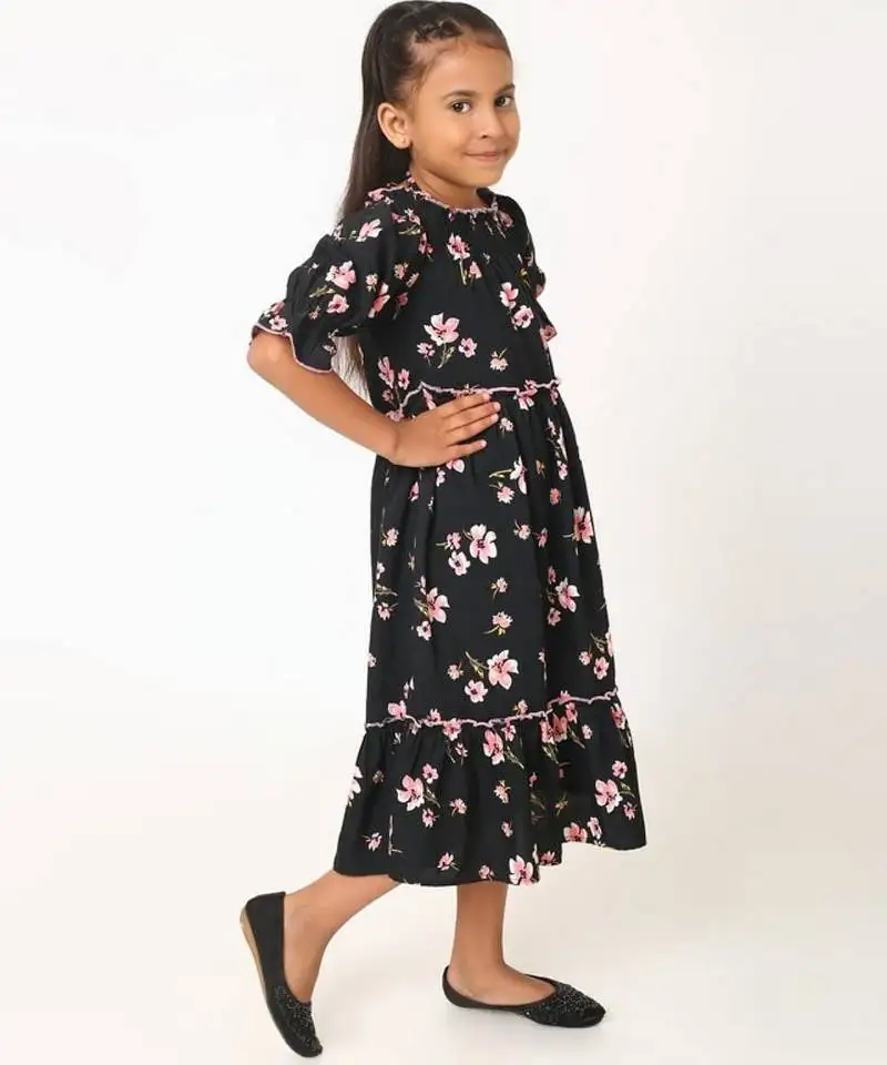 Stylish midi dress for girls in printed crepe fabric-blackmulti