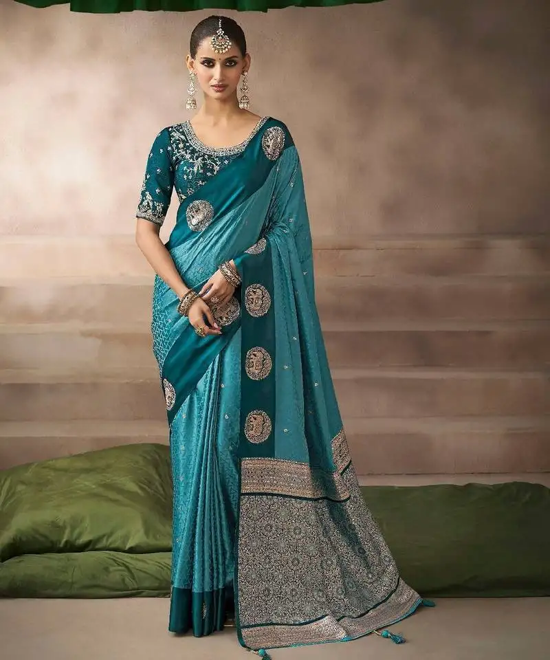 Teal blue satin silk blend saree with heavy embroidered silk blend blouse designer party wear saree