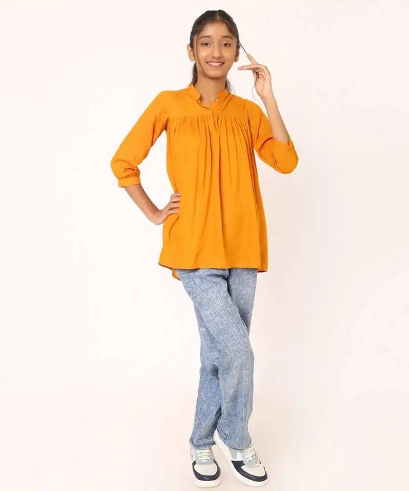 Stylish rayon top gather on chestline for girls - mustard