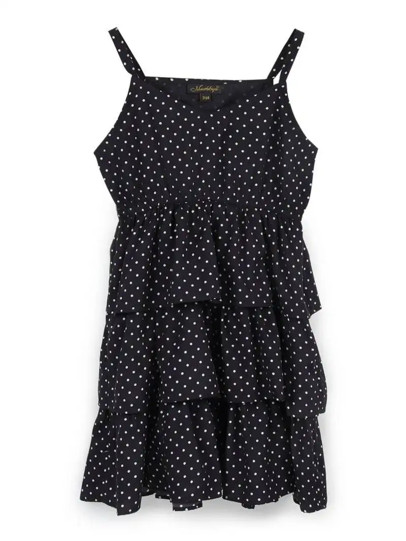Strap shoulder multi-layered frock for girls in crepe fabric with polka dot print