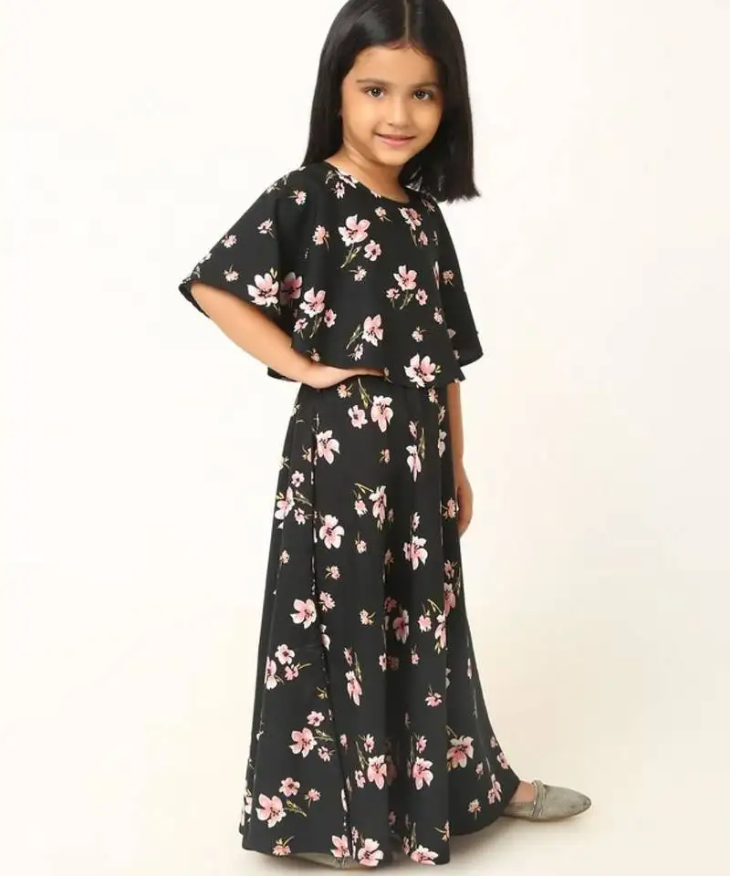 Elegant multi-layered crepe long dress for girls-maroon