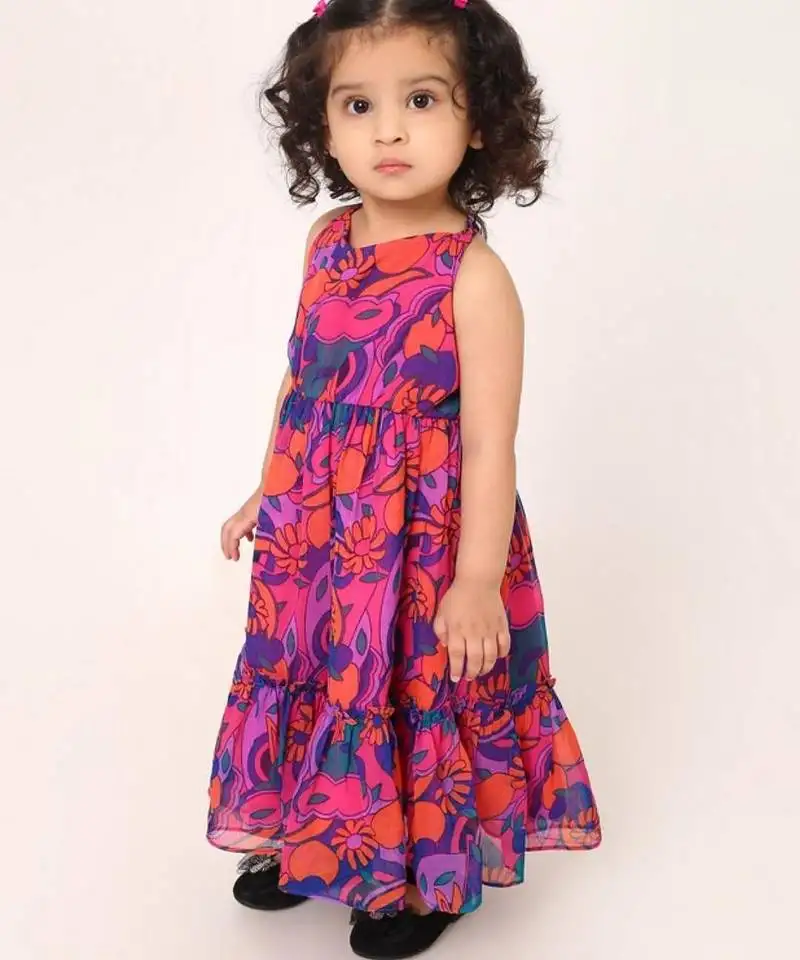 Sleevesless frock for girls. printed chiffon fabric. very soft fabric. fully lined. multi layered.