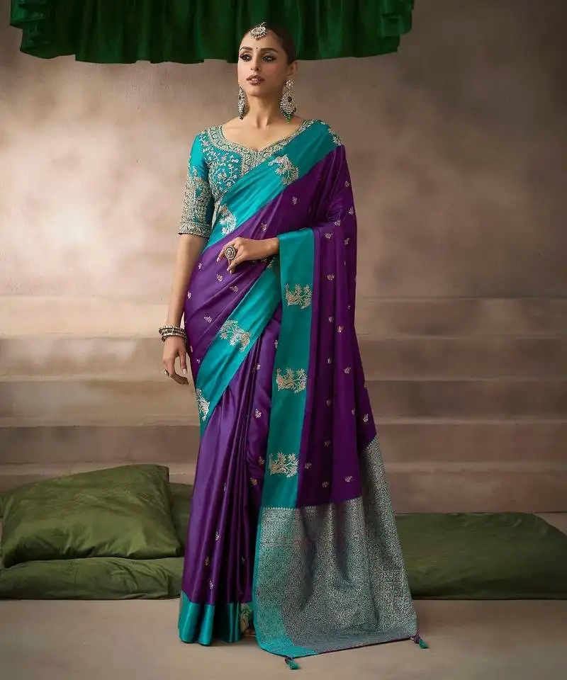 Purple satin silk blend saree with heavy embroidered silk blend blouse wedding party wear saree