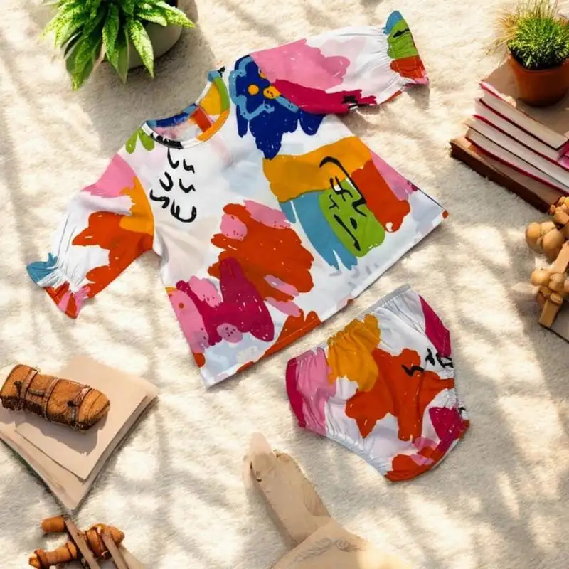 Stylish two-piece full sleeves poly crepe set for baby girls- multicolor