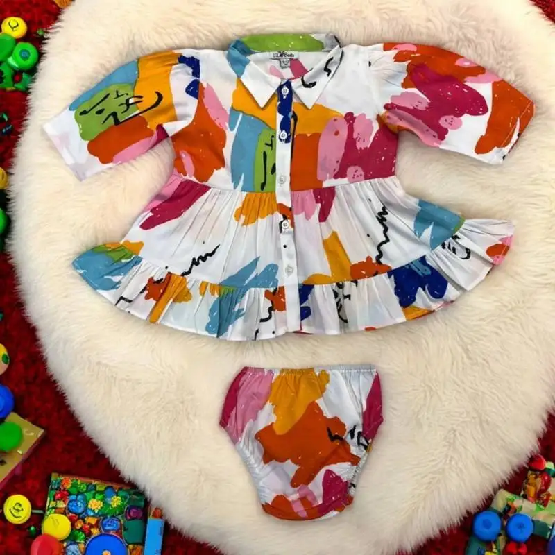 Elegant two-piece full sleeves poly crepe set for baby girls- multicolor